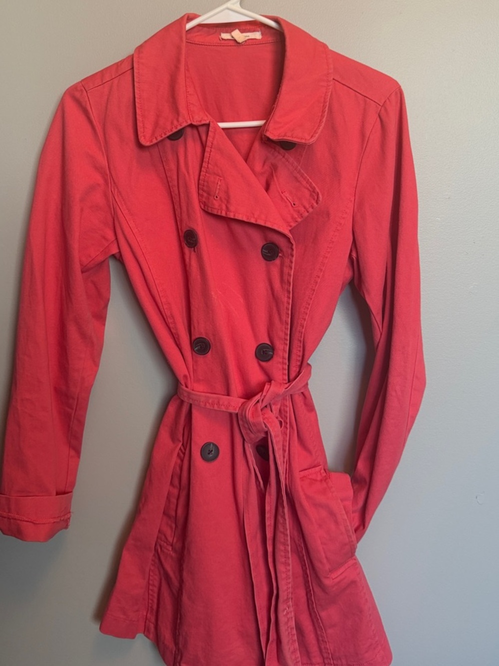 Maurices Coral-Red Double-Breasted Trench Coat with Waist Tie